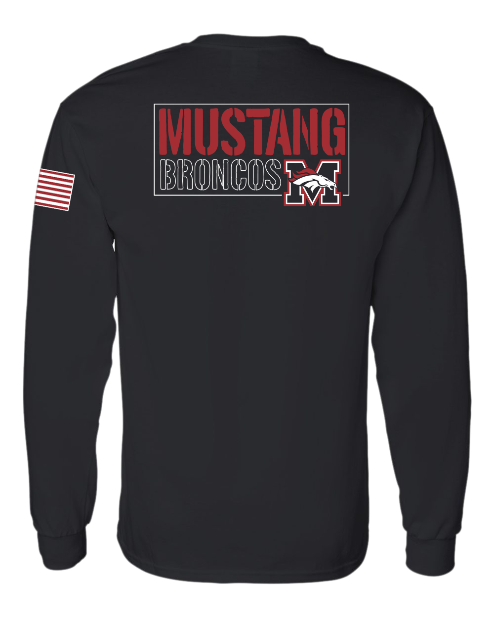 Mustang Broncos Rectangle Back Gildan LS T Shirt