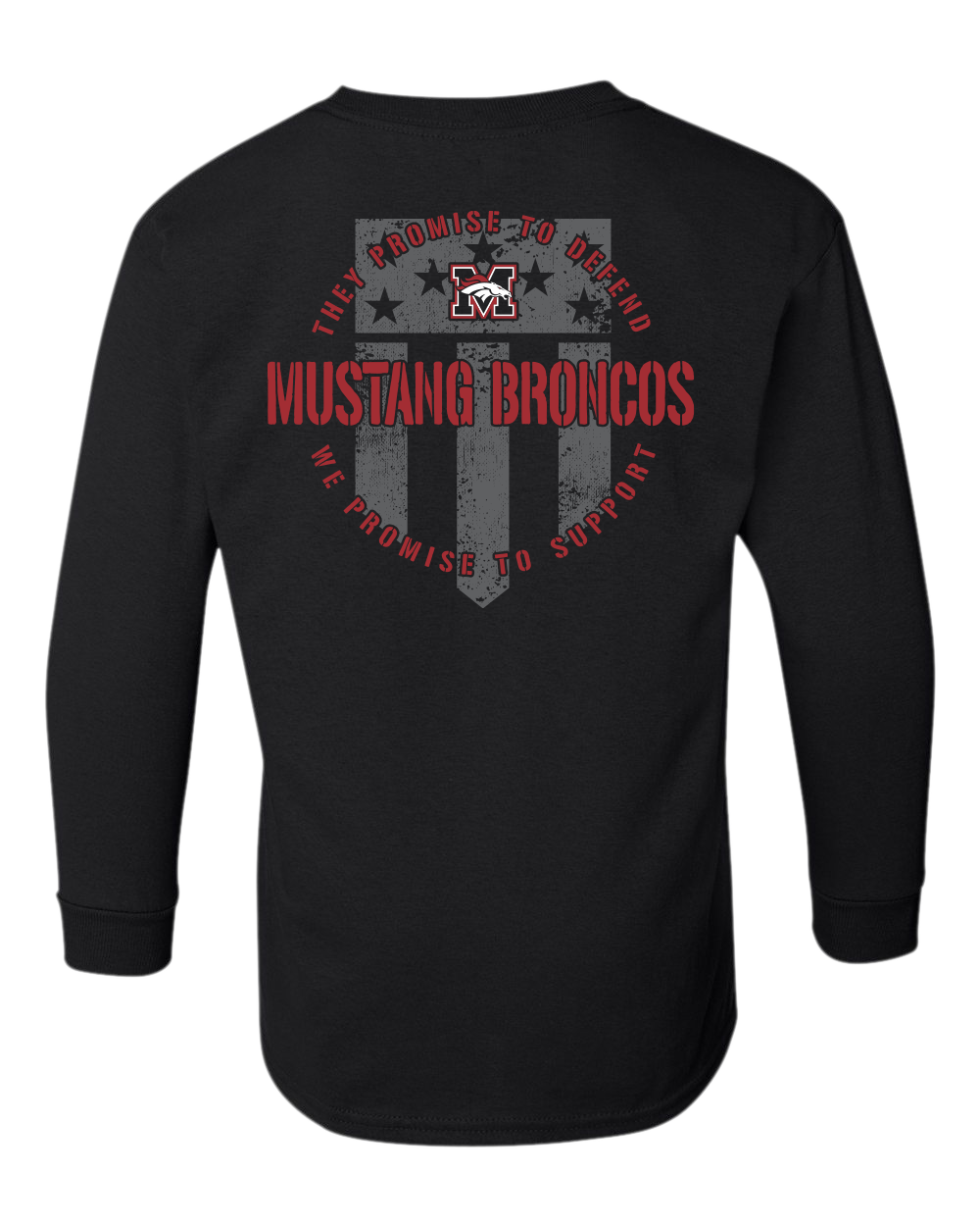 Youth Mustang Broncos Shield Back Gildan Youth LS T Shirt