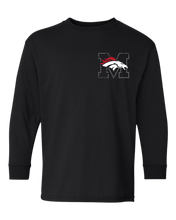 Load image into Gallery viewer, Youth Mustang Broncos Shield Back Gildan Youth LS T Shirt
