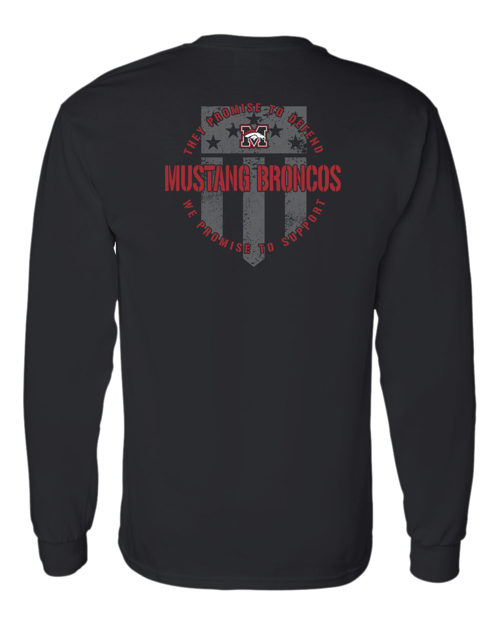 Mustang Broncos Shield Back Gildan LS T Shirt